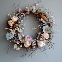 Willow wreath with spring flowers and golden text Spring.