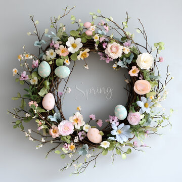 Willow wreath with spring flowers, eggs and text Spring.