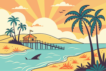 56 Tropical beach scenes, vibrant sunset colors, palm trees, wooden pier, calm ocean waters, cartoon style illustration, bright sun, fluffy clouds, island landscape, shark fin, sandy shores, tranquil 