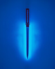 Single Katana Blade Shimmers in Blue Hue Striking Metallic Edge Weaponry Art Vertical Minimalism