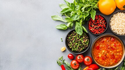 tomato stew or soup top view on gray background with copy space. ai generated
