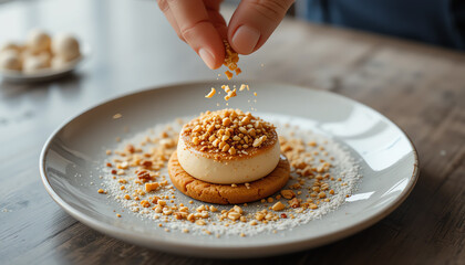 A beautifully plated dessert featuring a creamy base topped with crushed nuts, highlighting culinary craftsmanship and attention to detail.