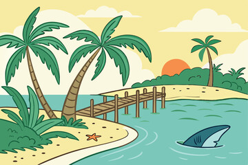 56 Tropical beach scenes, vibrant sunset colors, palm trees, wooden pier, calm ocean waters, cartoon style illustration, bright sun, fluffy clouds, island landscape, shark fin, sandy shores, tranquil 