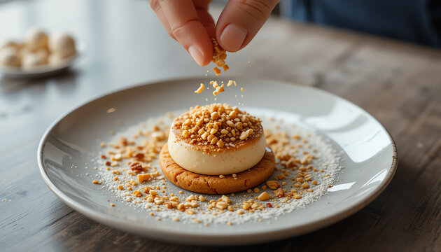 A beautifully plated dessert featuring a creamy base topped with crushed nuts, highlighting culinary craftsmanship and attention to detail.