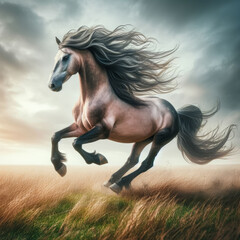 Majestic horse galloping through golden grassland at sunset, showcasing strength and grace in the wild