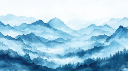 Layers of blue mountains create a misty landscape, blending softly with the sky. The scene evokes tranquility and a sense of peace in nature at dawn
