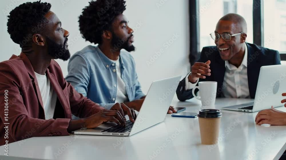Aufkleber three businessmen are sitting at a table, discussing a project, with two of them looking at their la