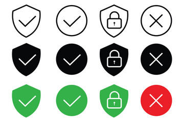 Set of Security Icons with Checkmarks and Lock vector isolated on white background