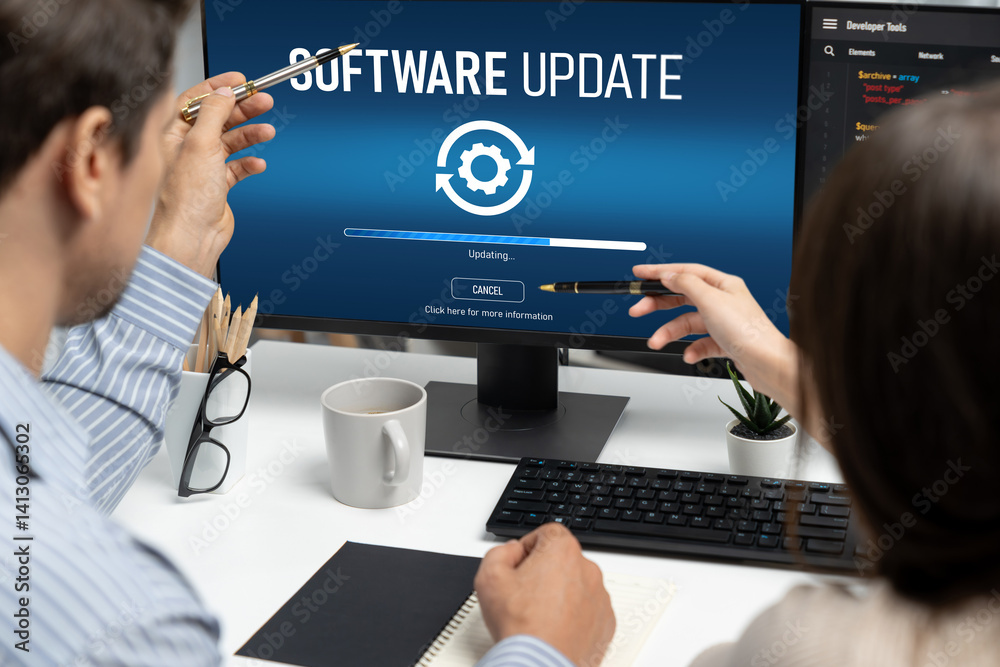 Poster software update on computer for brisk version of device software upgrade