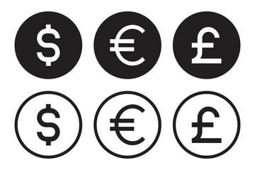 Set of  Black and White Currency Icons. Dollar, euro, pound money icon vector illustration on white background