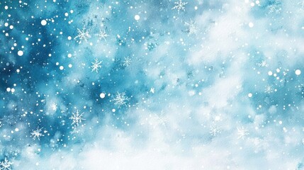 A winter wonderland unfolds with delicate snowflakes drifting down through a soft blue atmosphere. The tranquil setting evokes the beauty of the season