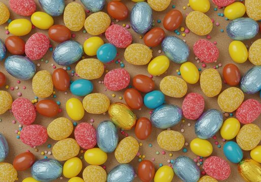 Colorful Easter candy eggs in red yellow blue and foil scattered with sprinkles on brown background in festive sweet bright top view holiday composition - Powered by Adobe