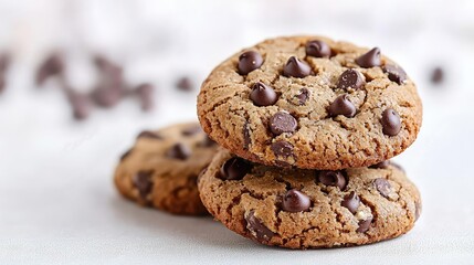 Closeup of three delicious chocolate chip cookies stacked