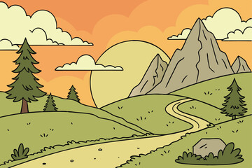 57 Cartoon landscape, vibrant sunset sky, orange and yellow gradient, large sun, fluffy clouds, green rolling hills, winding dirt path, rocky mountain peaks, evergreen trees, minimalist style, flat co