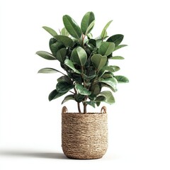 Fototapeta premium Ficus elastica plant in basket isolated on white background