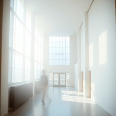 Fototapeta premium Sunlit Minimalist Hallway: A Serene, Blurry Figure Walks Through Light-Filled Architecture