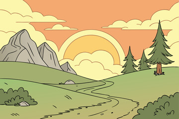 57 Cartoon landscape, vibrant sunset sky, orange and yellow gradient, large sun, fluffy clouds, green rolling hills, winding dirt path, rocky mountain peaks, evergreen trees, minimalist style, flat co