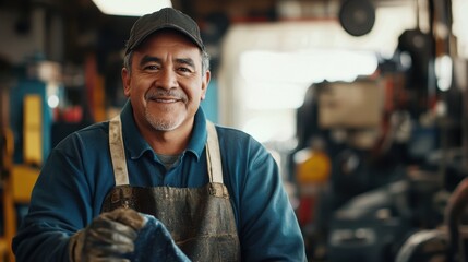 A middle-aged Hispanic male mechanic smiles in a busy workshop. He embodies professionalism and skill, showcasing a friendly demeanor amidst tools and equipment.