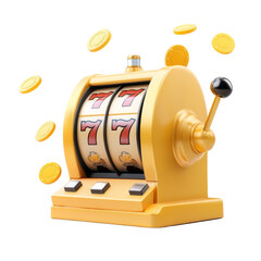 Golden slot machine with triple seven and spinning coins in motion