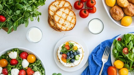 top view of fresh mozzarella salad with croutons on gray table, flat lay. ai generated