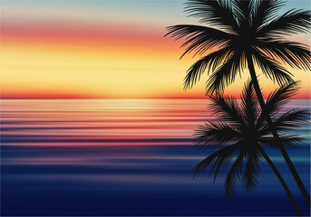 Vector Illustration of Silhouetted Palm Trees Against a Vibrant Sunset and Calm Ocean Waters Reflecting the Colorful Sky, Perfect for Relaxing Tropical Background