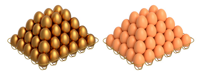 Metal trays filled with neatly stacked gold and brown eggs, isolated on white transparent background. Concept of egg variety and food industry