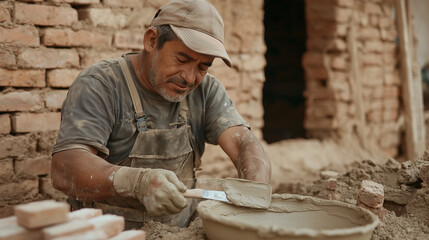 Skilled builder applying mortar with pan knife, laying bricks precisely