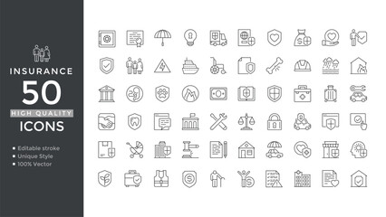 Insurance Icon Set – Editable Stroke Vectors for Finance, Risk & Protection