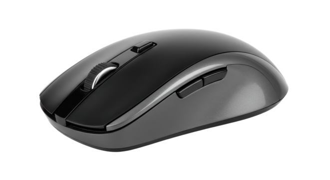 A close up shot of a wireless computer mouse with a scroll wheel on a black background space for text
