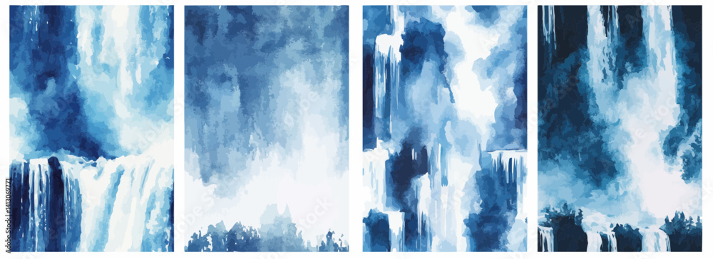Wall mural vector pattern set of a vertical waterfall in watercolor blue background