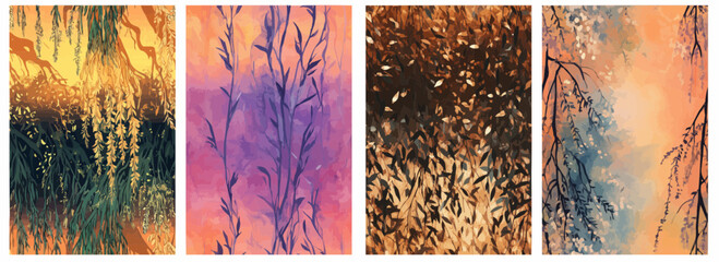 Vector pattern set of whispering willows alive with gentle spirits at sunset background orange