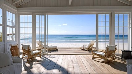 Beachfront house interior with ocean view, luxury living and relaxing vacation destination