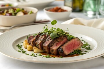 Elegantly Presented Plate of Cooked Meat with Fresh Herbs on White Tablecloth Warm Earthy Tones, Shallow Depth of Field, and Sophisticated Lighting