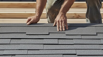 Construction worker installing roofing materials. Featuring skill and safety