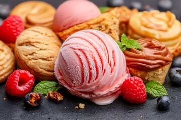 Tempting Array of Delectable Desserts Including Ice Cream Cupcakes and Sweet Rolls Close Up