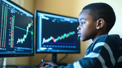 A focused African American boy sits at a desk with two monitors displaying stock market graphs and financial data, learning about investments and economics - Powered by Adobe