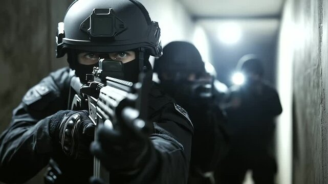 A heavily armed SWAT team moves cautiously down a dimly lit corridor, their rifles aimed forward as tactical flashlights illuminate the narrow space, tension in the air