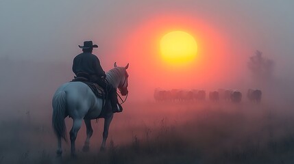 Cowboy and horse at sunrise, guiding cattle through a foggy field.