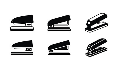 Silhouette Office Stapler Icon Set in Different Angles for Workplace Stationery, Desk Tools, and Office Supplies