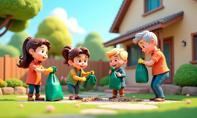 Cute 3d rendered cartoonish people of all ages spring cleaning in the backyard of the house