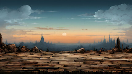 Naklejka premium Pixelated Vista of an Ancient City at Dusk with Orange Sky and Cloudscape Digital Artwork