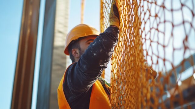 Construction worker installing safety netting on a building site. Featuring security and precision