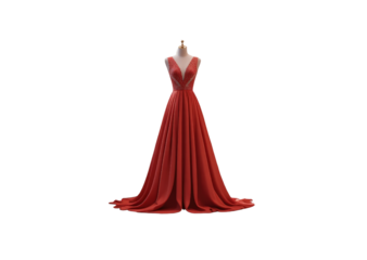 Elegant Red Dress on Display with Flowing Skirt and V-Neckline