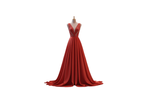 Elegant Red Dress on Display with Flowing Skirt and V-Neckline