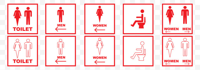 Toilet vector icons set, male or female restroom WC. Set of Red toilet sign on Transparent Background. EPS 10.