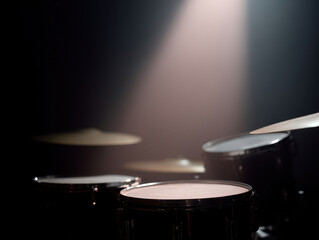 Fototapeta premium drum set is illuminated by beam of white light in dark room