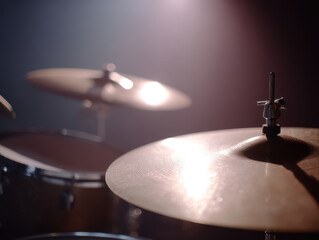 Obraz premium Cymbals shine under spotlight in dimly lit room, creating dramatic effect