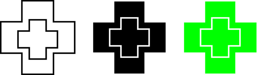 Outlined bold medical cross icon with layered effect, representing advanced medical aid or first responder services – Transparent Background.