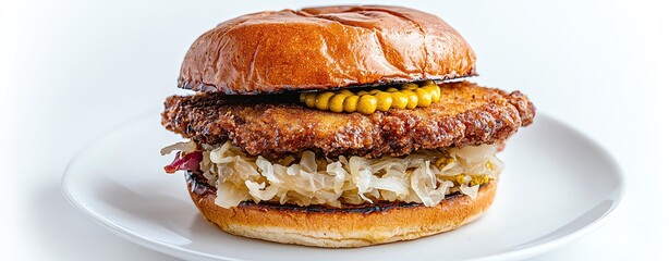 Isolated on white, German schnitzel burger with crispy pork cutlet, mustard and sauerkraut on rye bun