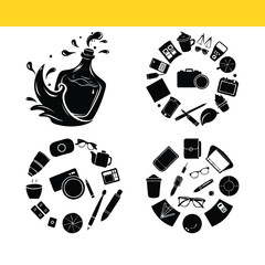 Black and white icon set featuring various symbols and designs like heart, ball, and soccer, perfect for business, web, and sport-related illustrations